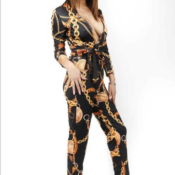 Pants - Black Gold Chain Print Jumpsuit Jumper Outfit